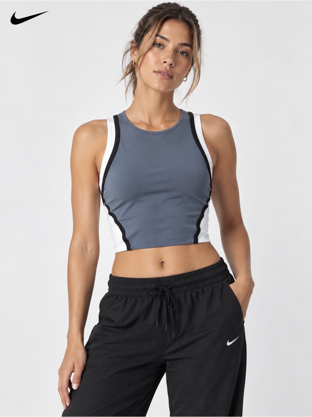 Nike Yoga Dri-FIT Crop Tank Top Blue Gray White Black Trim Athletic XS